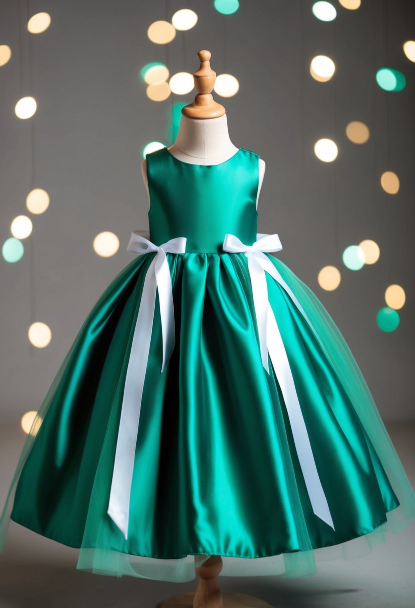 A flowing emerald green dress with satin and tulle, adorned with ribbons, perfect for a kids' wedding attire