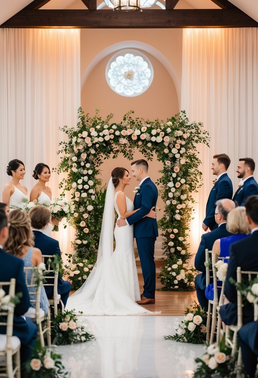 An elegant indoor wedding ceremony with floral decorations, soft lighting, and a beautiful backdrop for the couple