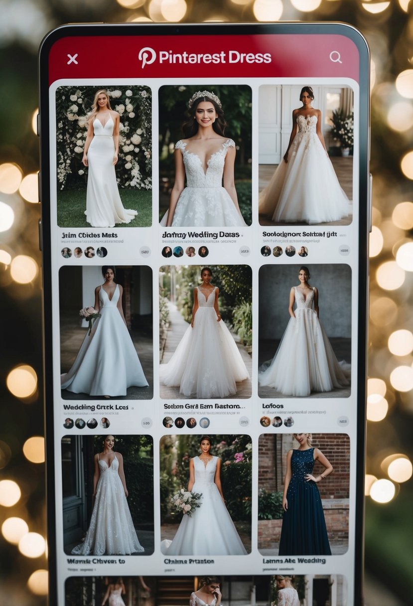 A Pinterest board filled with wedding dress ideas, featuring various styles, silhouettes, and embellishments