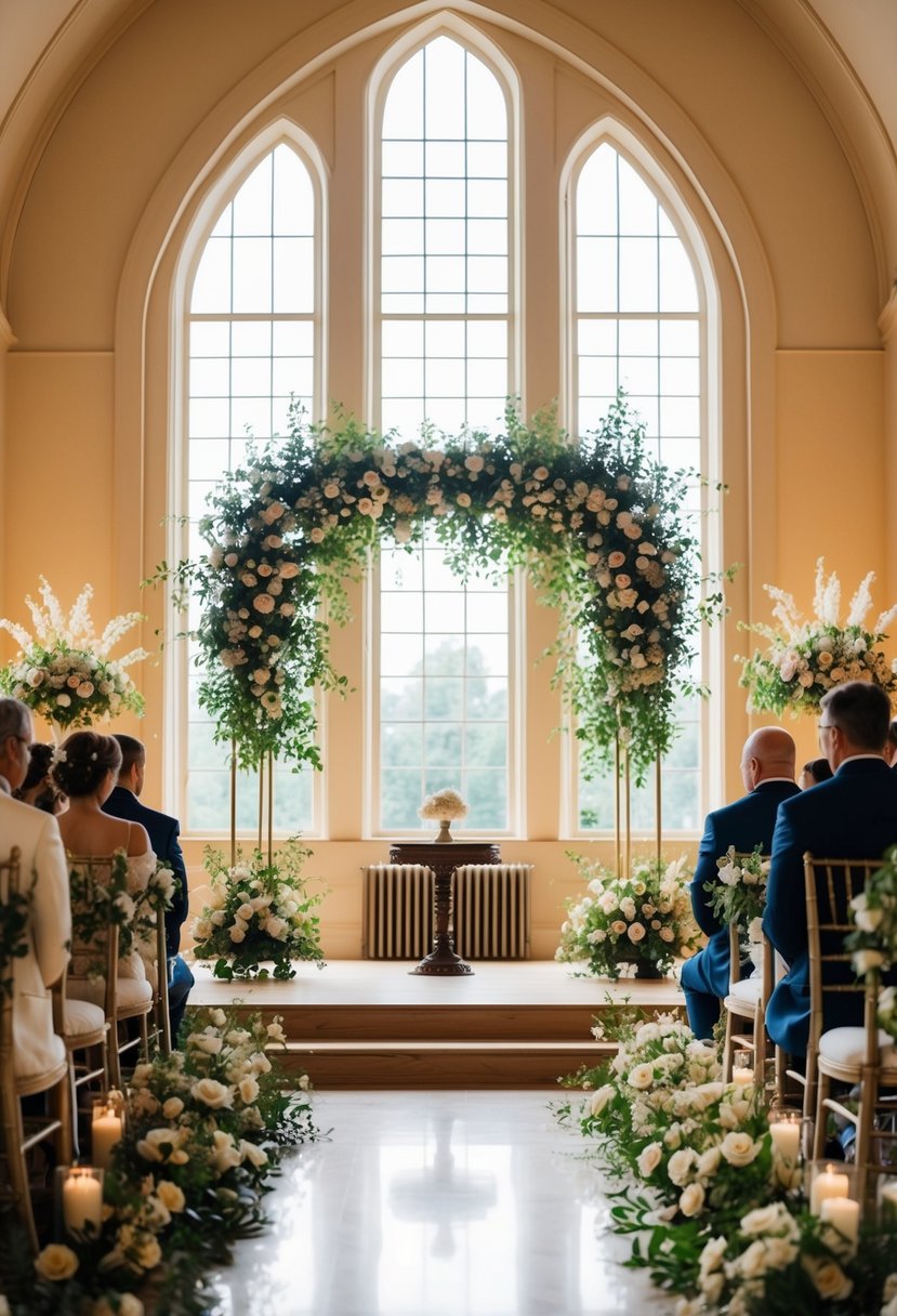 Soft golden light streaming through arched windows onto an elegantly set indoor wedding ceremony, with lush floral arrangements and intricate decor