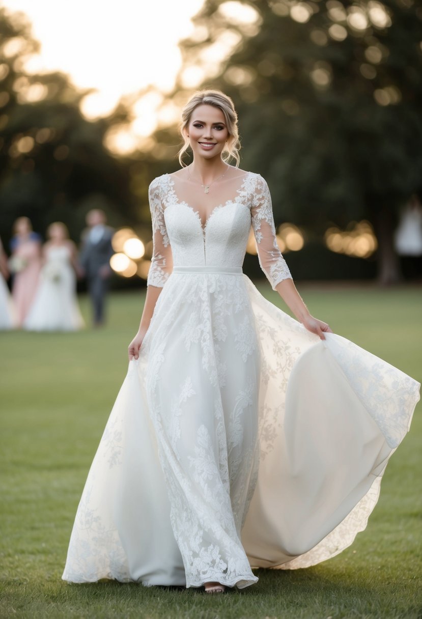 A bride twirls in a floor-length lace A-line wedding dress