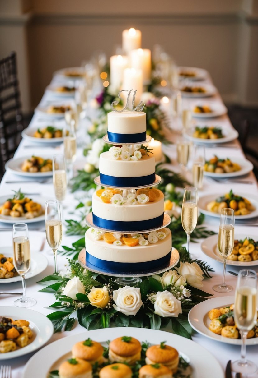 A beautifully decorated table with an array of elegant and appetizing dishes, including a tiered wedding cake and champagne glasses