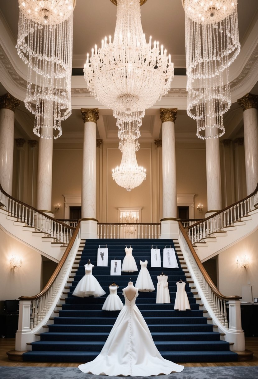 A grand ballroom with cascading chandeliers, ornate pillars, and a sweeping staircase, adorned with elegant wedding dress sketches pinned to a mood board