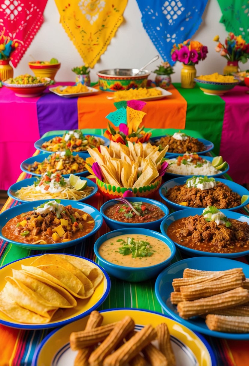 A colorful spread of traditional Mexican dishes, including tacos, tamales, enchiladas, and churros, is laid out on a festive buffet table. Brightly colored tablecloths and decorative papel picado banners add to the lively atmosphere