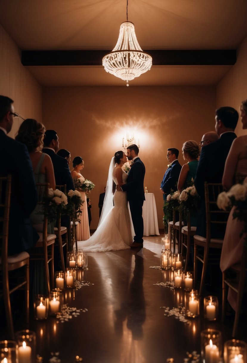 A dimly lit indoor wedding ceremony with soft, warm lighting, casting dramatic shadows and creating a moody atmosphere