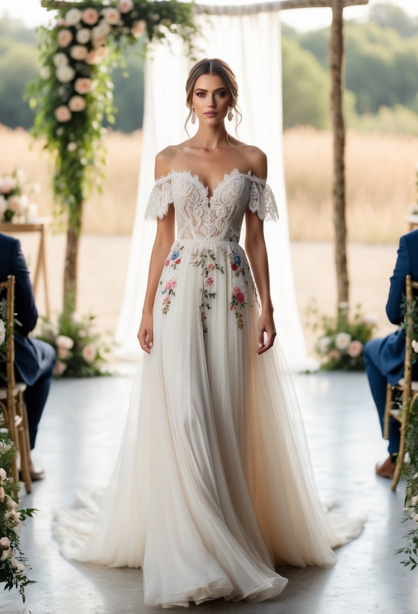 A flowing, off-the-shoulder bohemian wedding gown, adorned with lace and floral embroidery, set against a backdrop of a whimsical outdoor wedding ceremony