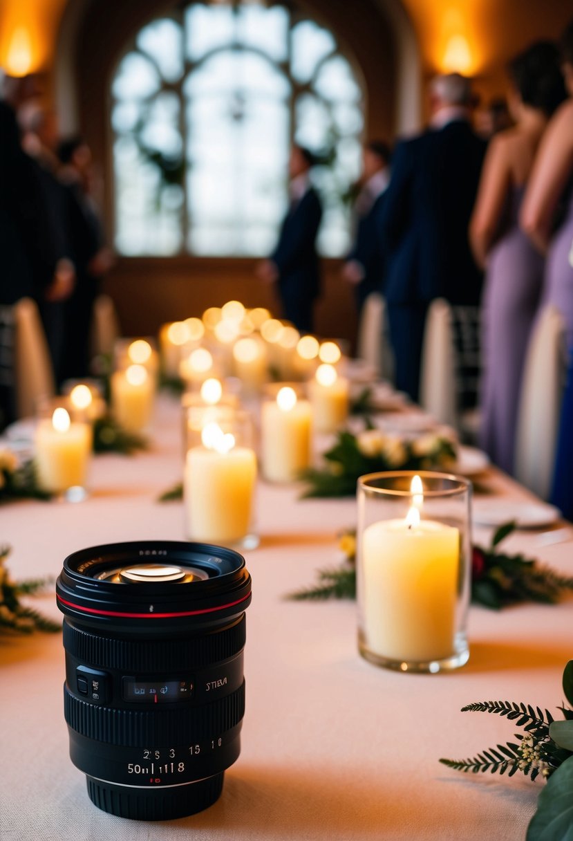 A 50mm f/1.8 lens capturing the soft glow of candlelit wedding ceremony indoors