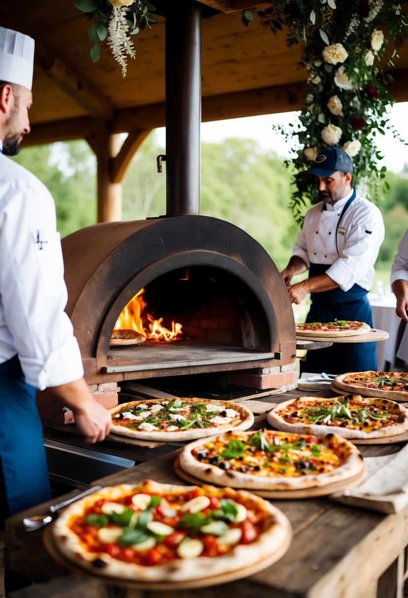 A wood-fired pizza oven surrounded by rustic wedding decor, with a variety of fresh toppings and a chef preparing delicious pizzas