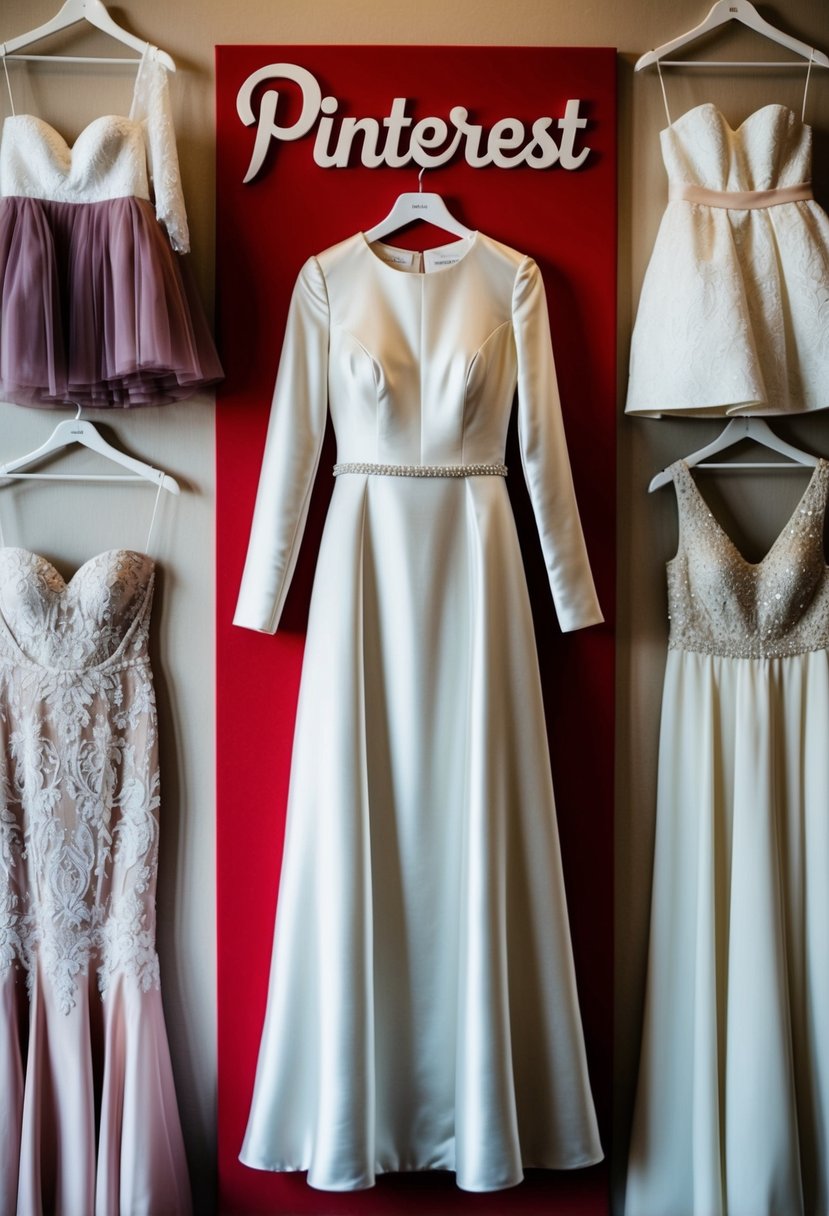 A long sleeve satin wedding dress displayed on a Pinterest board, surrounded by other dress ideas