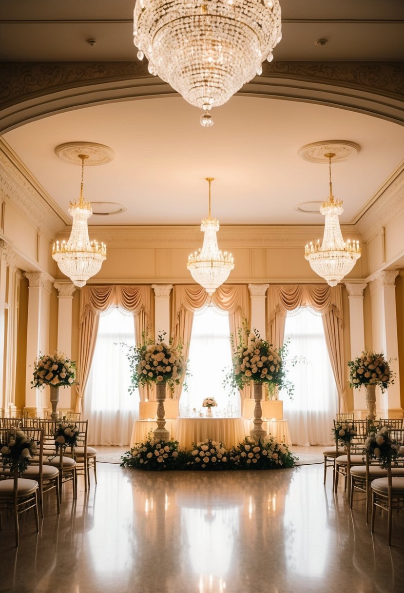 Soft light filters through a grand, ornate indoor wedding venue, casting a warm glow on the elegant decor and floral arrangements