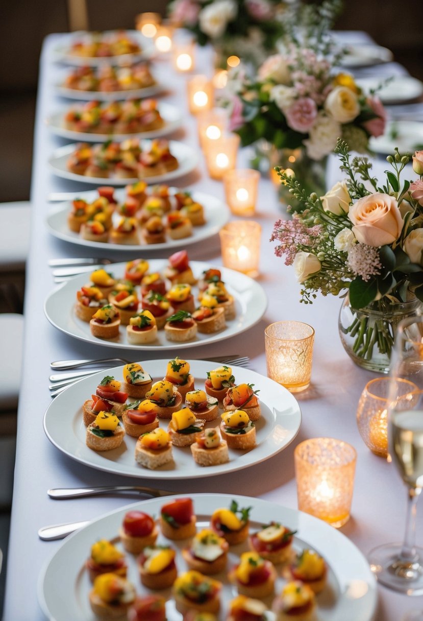 A table spread with colorful bruschetta bites arranged on elegant serving platters, surrounded by delicate floral centerpieces and twinkling tea lights