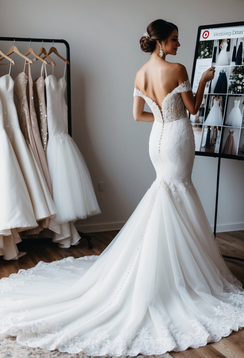 A bride in a luxurious off-the-shoulder mermaid gown, surrounded by wedding dress ideas on a Pinterest board