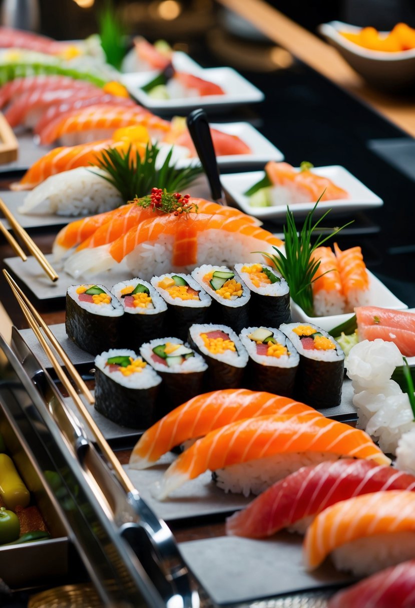 A sushi station with an array of colorful rolls, sashimi, and nigiri, elegantly displayed with decorative garnishes and serving utensils