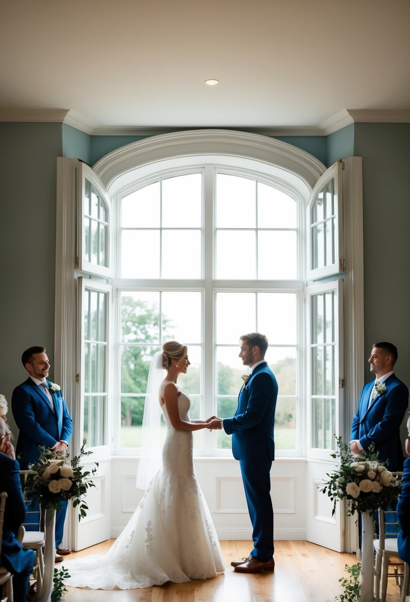 The bride and groom stand near a grand window, bathed in soft natural light, as they exchange vows in an indoor wedding ceremony