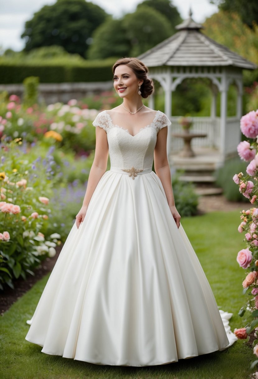 A bride in a vintage-inspired tea-length dress stands in a rustic garden, surrounded by blooming flowers and a quaint wooden gazebo