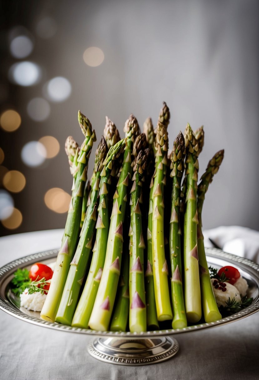 Fresh asparagus spears arranged on a elegant serving platter with delicate garnishes