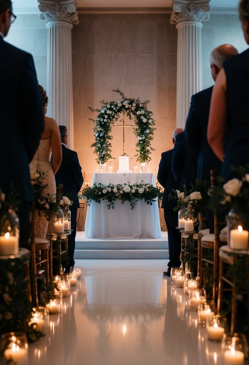 A dimly lit indoor wedding ceremony with a focus on the altar and surrounding decor