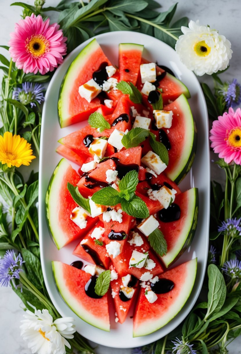 A vibrant watermelon salad with feta, mint, and balsamic glaze arranged on a white platter surrounded by fresh greenery and flowers