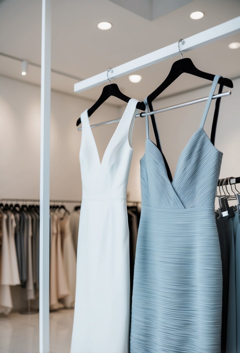 A sleek, simple sheath dress hangs on a modern clothing rack in a bright, minimalist bridal boutique