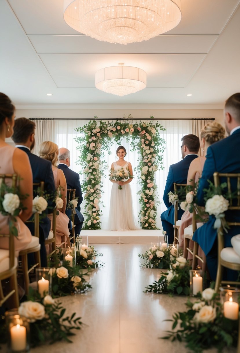 A serene indoor wedding ceremony with soft lighting and floral decorations