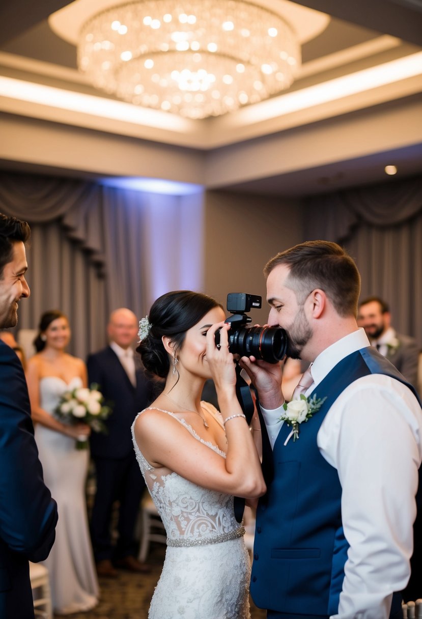 A photographer holds a camera in a dimly lit wedding venue, capturing the exchange of vows between the bride and groom