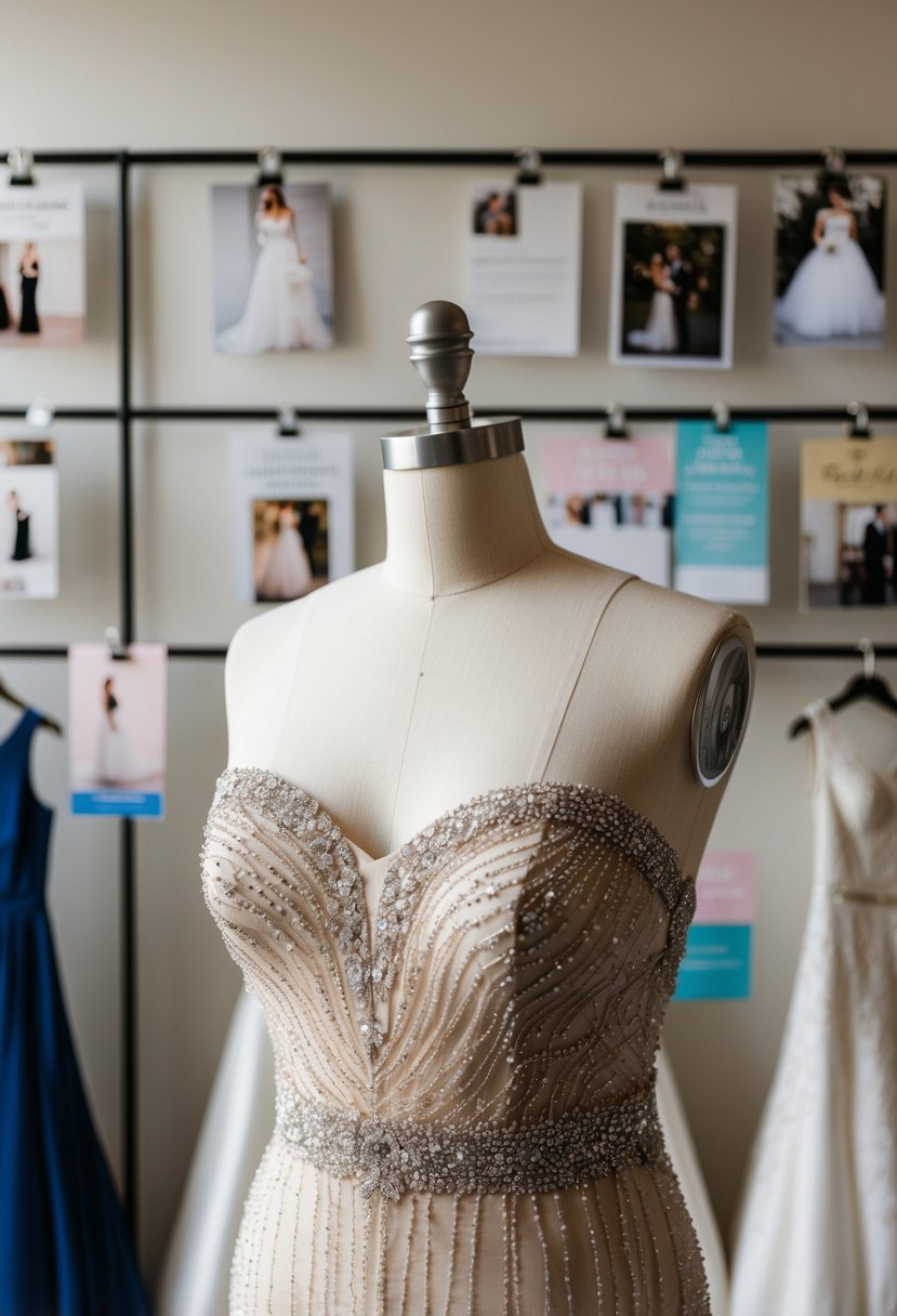 A beaded trumpet-style gown on a mannequin, surrounded by wedding dress ideas pinned on a Pinterest board