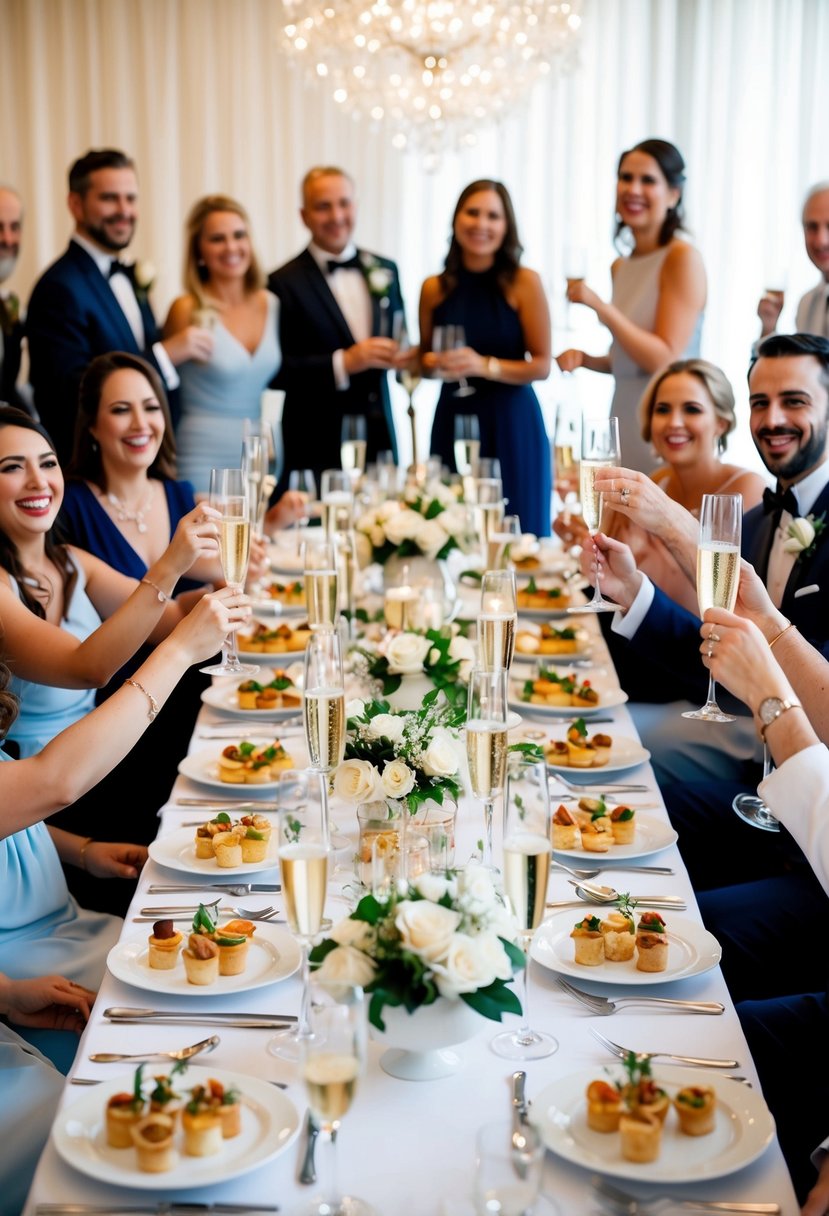 A table set with elegant champagne flutes and a variety of hors d'oeuvres, surrounded by joyful guests celebrating a wedding