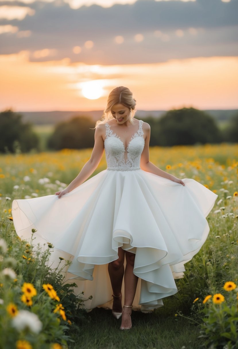 A bride twirls in a high-low hemline wedding dress, surrounded by a field of wildflowers and a setting sun