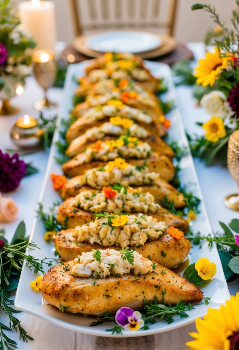 A platter of stuffed chicken breasts surrounded by elegant wedding decor and garnished with fresh herbs and colorful edible flowers