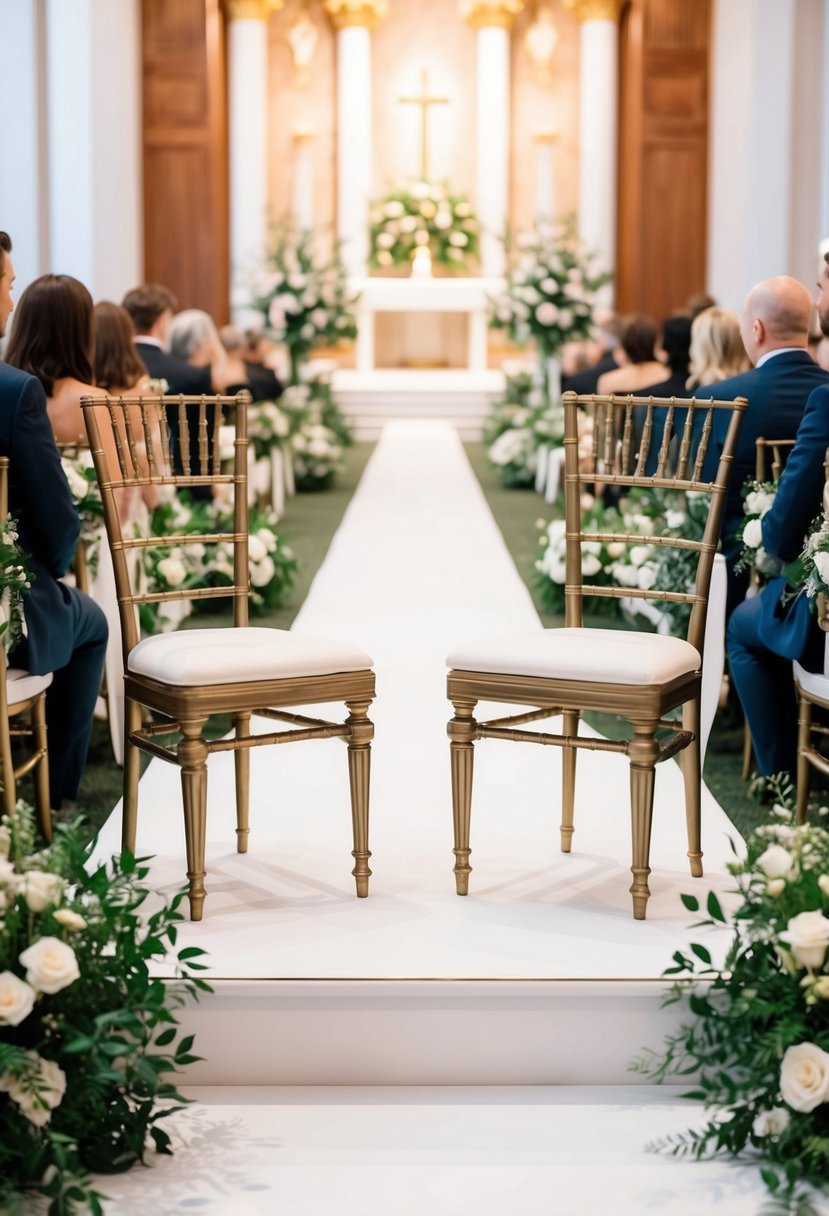 Two ornate chairs on a raised platform, flanked by floral arrangements, with a long aisle leading to the background altar