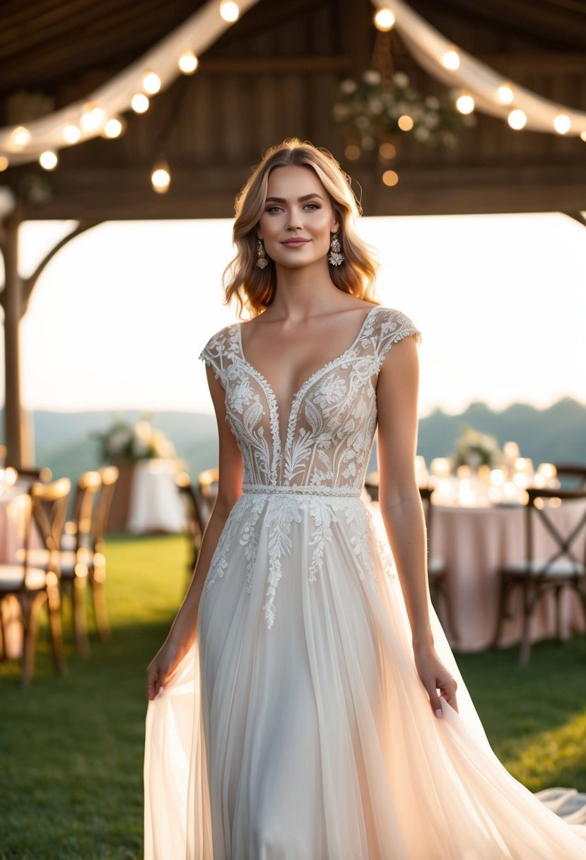 A flowing boho gown with cap sleeves, adorned with intricate lace and delicate embroidery, set against a backdrop of a rustic outdoor wedding venue