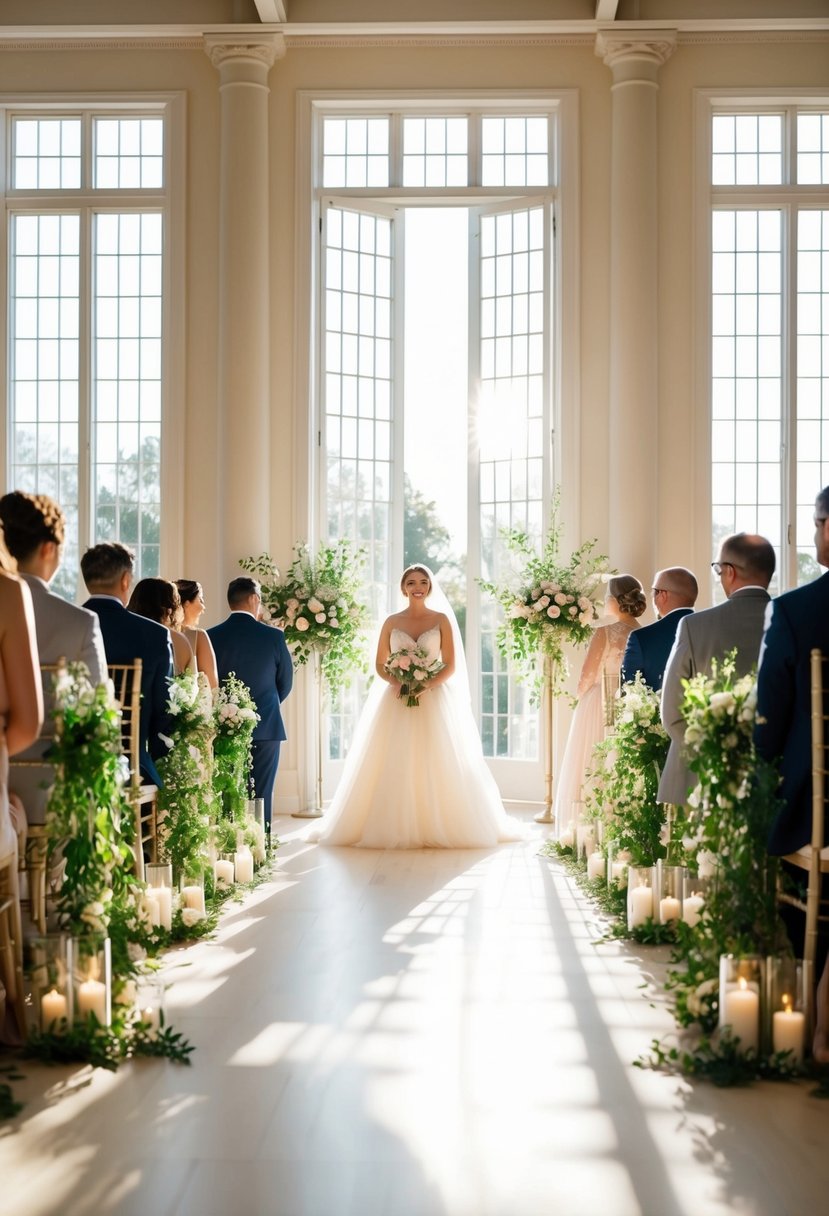 A softly lit indoor wedding ceremony with sunlight streaming through large windows, casting long shadows across the floor and illuminating the delicate details of the decor