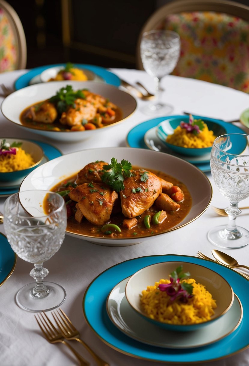 A table set with elegant place settings, featuring a main course of Chicken Marsala surrounded by colorful side dishes and decorative garnishes