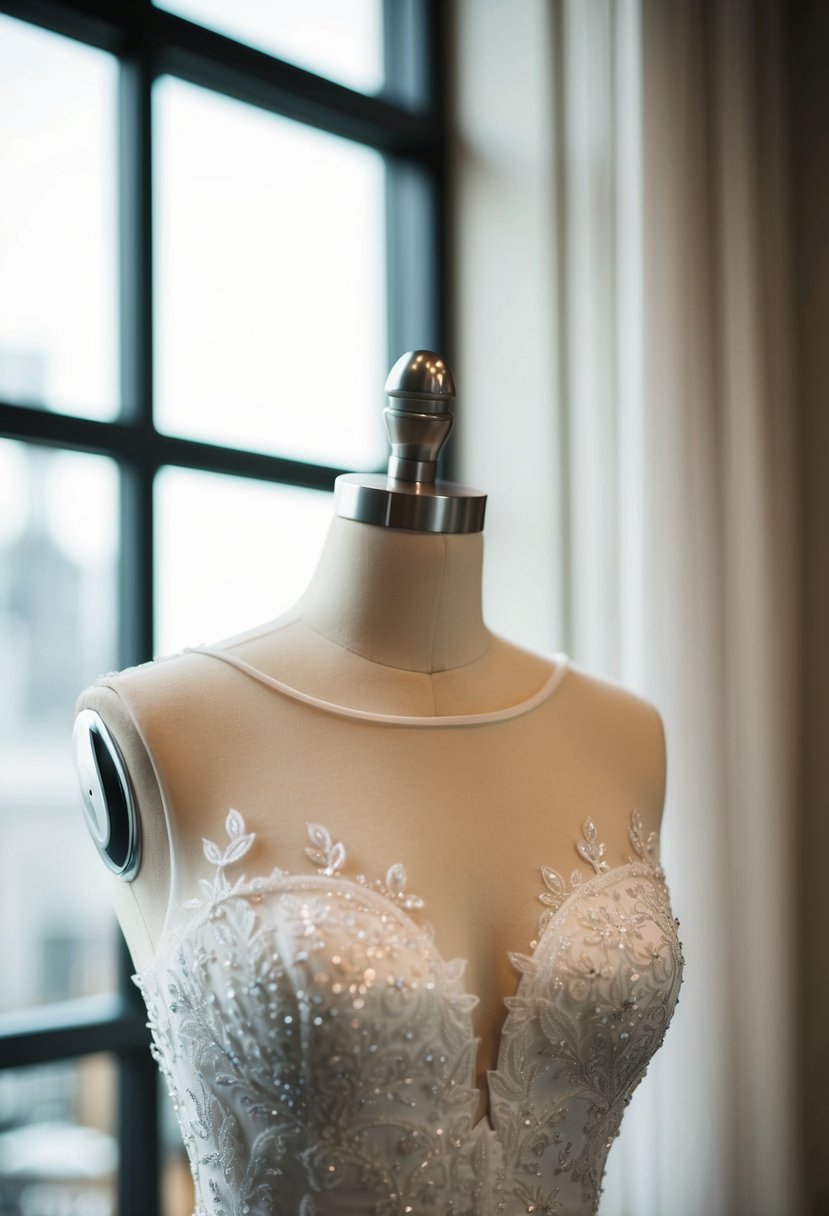 An elegant illusion neckline wedding dress on a mannequin