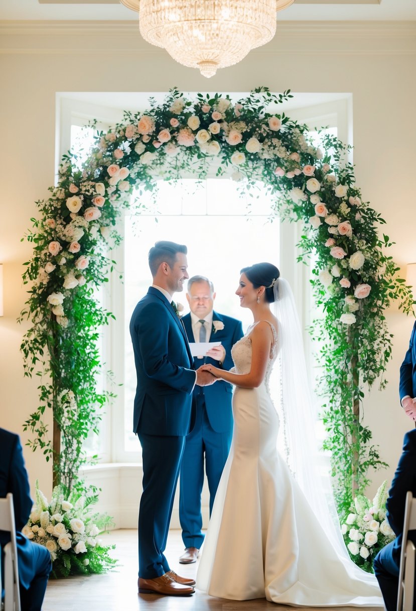 The bride and groom stand beneath an elegant floral arch, exchanging vows in a softly lit indoor setting. The center autofocus points capture the intimate moment perfectly