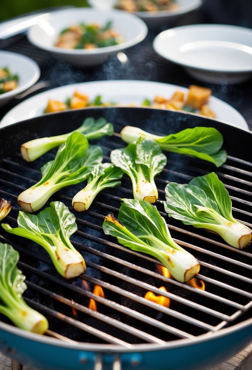 A sizzling grill cooking bok choy with vibrant green leaves and charred edges, surrounded by other wedding food ideas