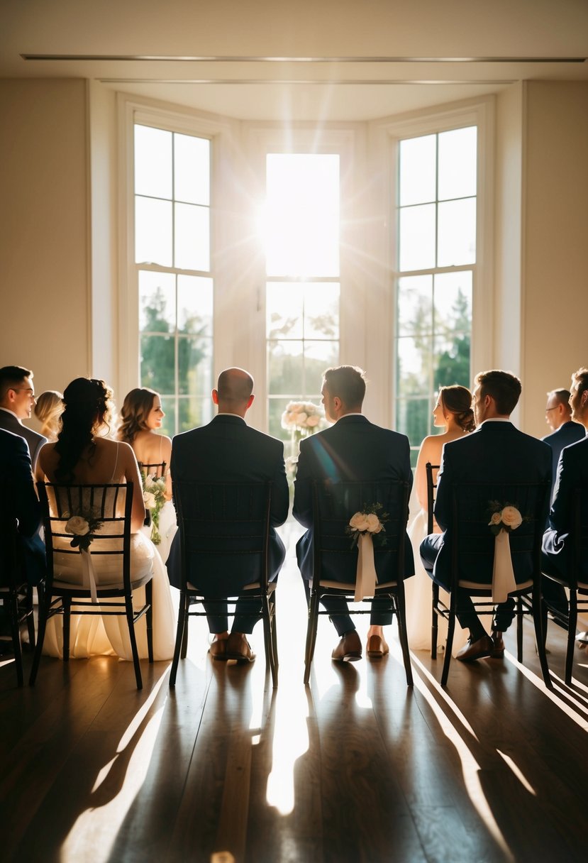 Guests seated, backs to bright window, casting long shadows on the floor. Sunlight streaming in, creating a warm, romantic atmosphere for the indoor wedding ceremony