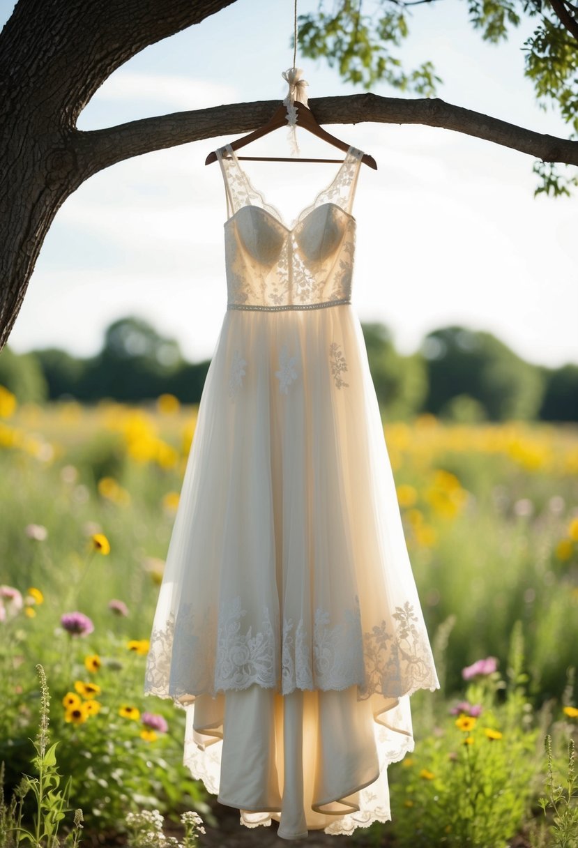 A rustic country wedding dress hanging from a tree branch, adorned with delicate lace and surrounded by wildflowers