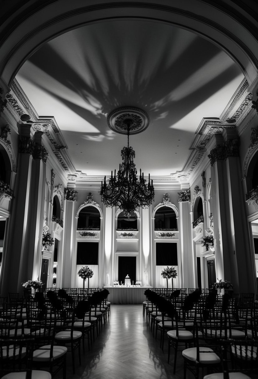 A grand, ornate ballroom with dramatic lighting casting shadows on elegant black and white decor, creating a timeless and sophisticated setting for an indoor wedding ceremony