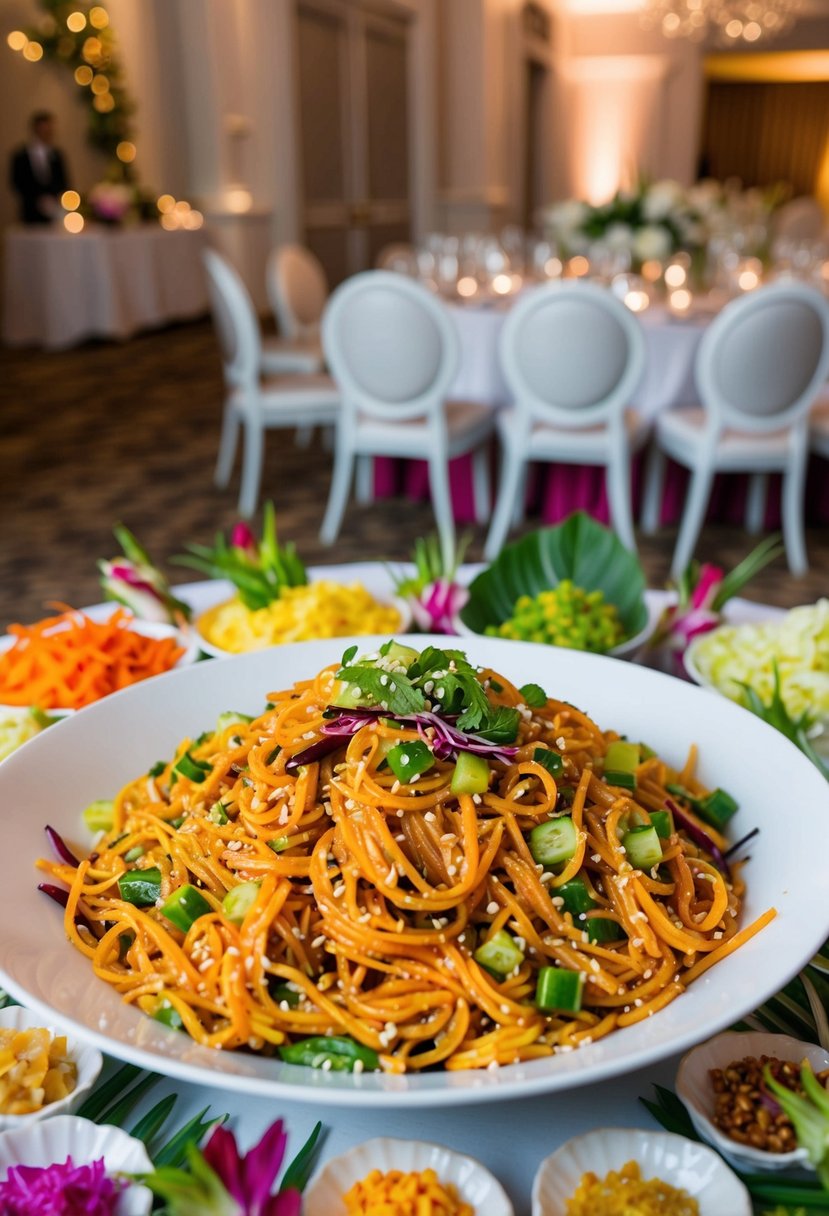 A colorful spread of spicy sesame noodle salad, surrounded by vibrant garnishes and set against a backdrop of elegant wedding decor