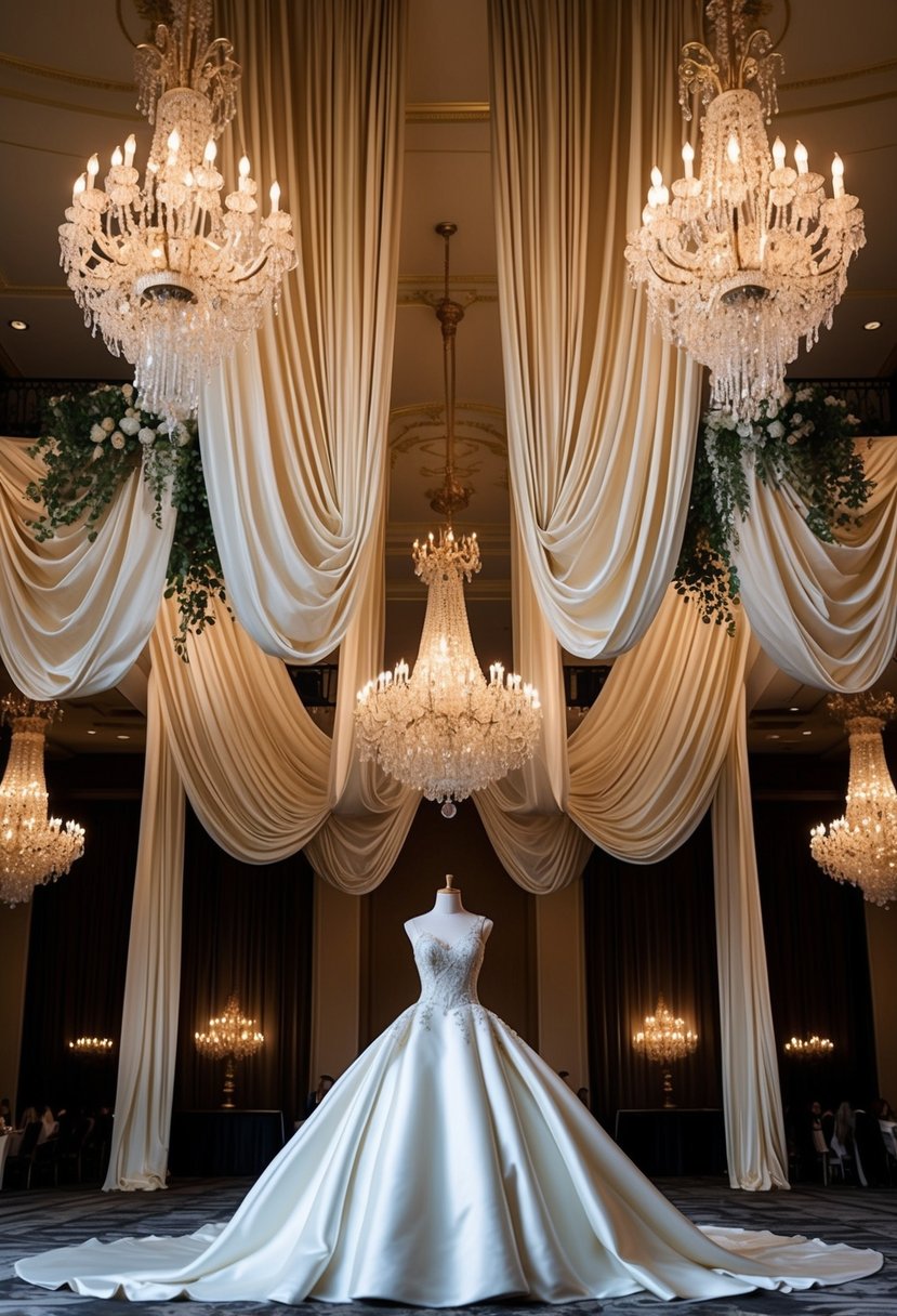 A grand ballroom with cascading silk drapes and opulent chandeliers, showcasing an exquisite wedding gown design from a Pinterest board