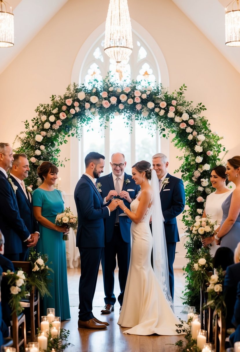 A couple stands at the altar exchanging rings under a floral arch, surrounded by family and friends in a softly lit indoor ceremony