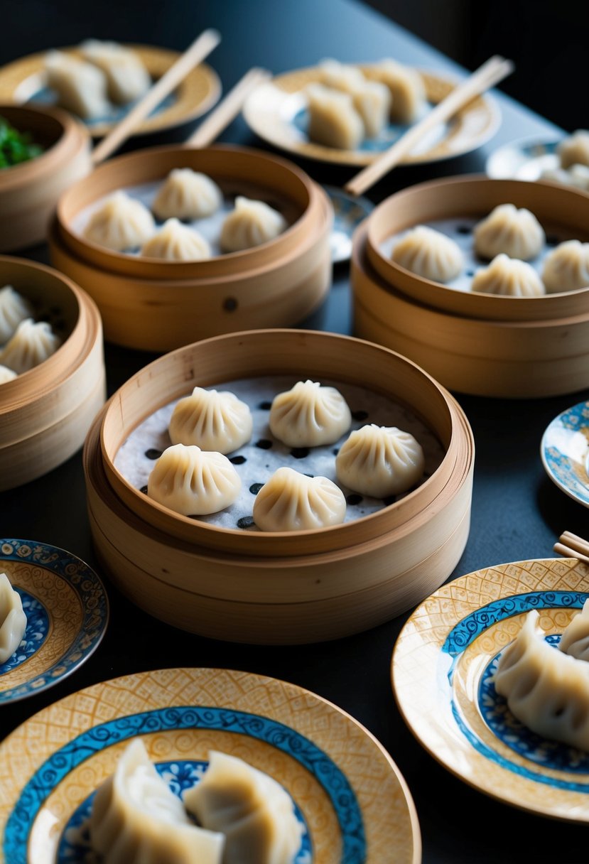 A table set with an assortment of steamed dumplings in bamboo steamers, surrounded by decorative plates and chopsticks