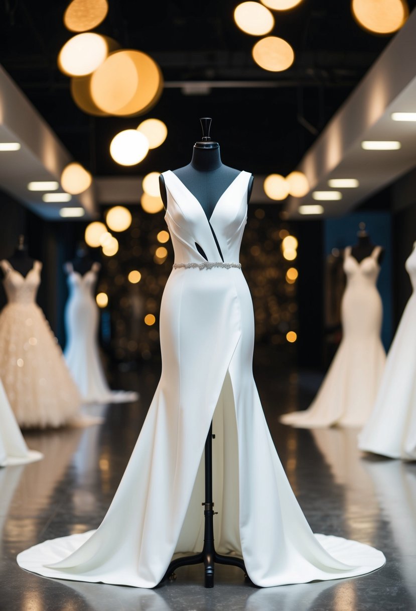 A modern asymmetrical wedding dress displayed on a mannequin