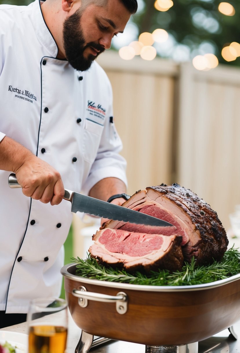 A chef slicing into a succulent prime rib at a wedding carving station