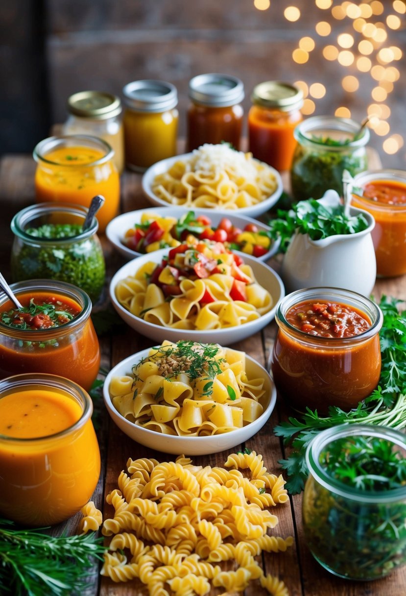 A colorful array of pasta shapes and toppings displayed on a rustic wooden bar, surrounded by jars of homemade sauces and fresh herbs