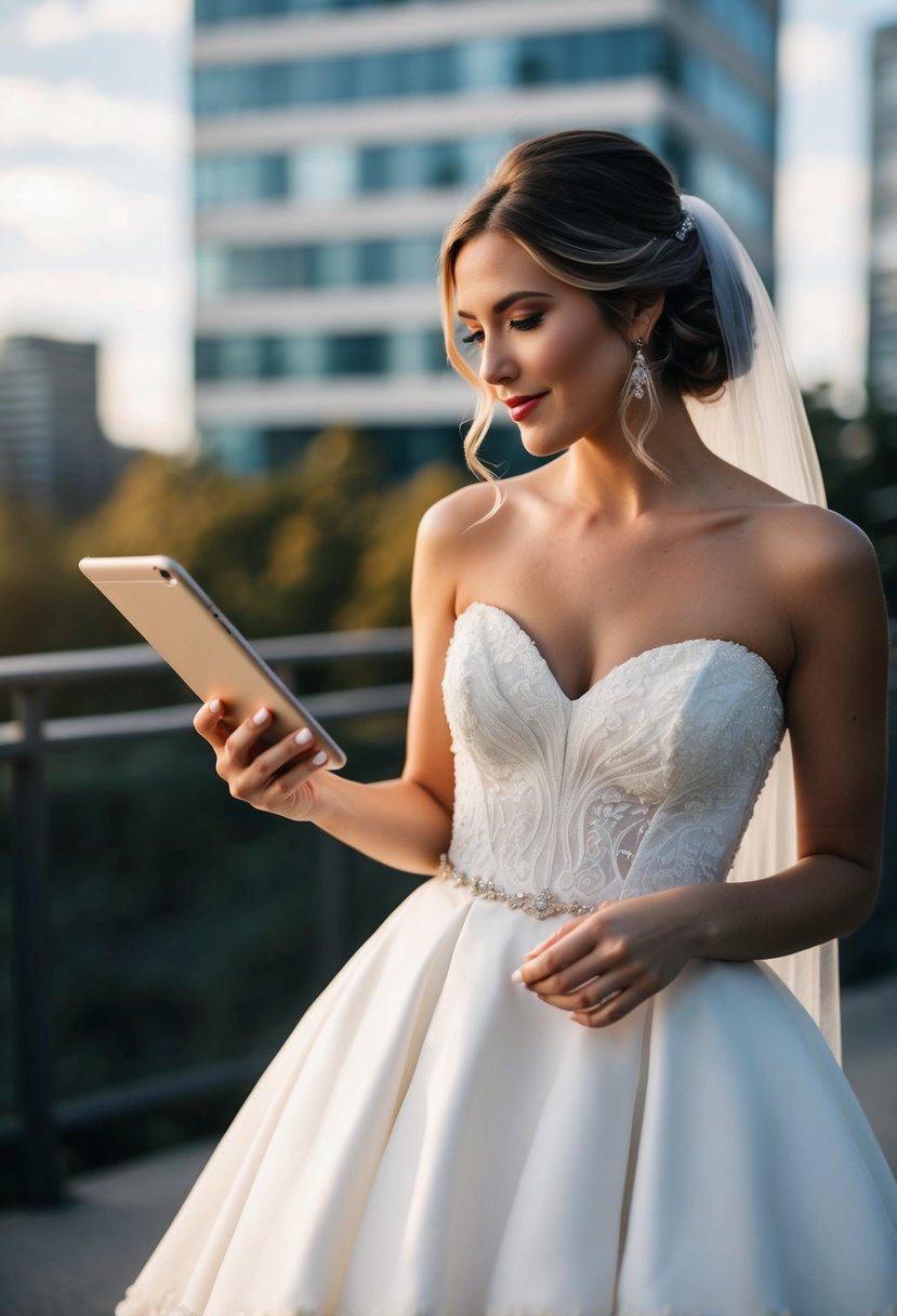 A bride in a sweetheart neckline A-line wedding dress, browsing Pinterest for dress ideas