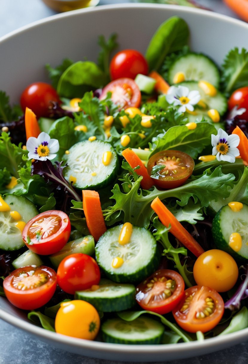 A colorful array of mixed greens, cherry tomatoes, cucumbers, and carrots arranged in an elegant salad bowl, garnished with edible flowers and drizzled with vinaigrette