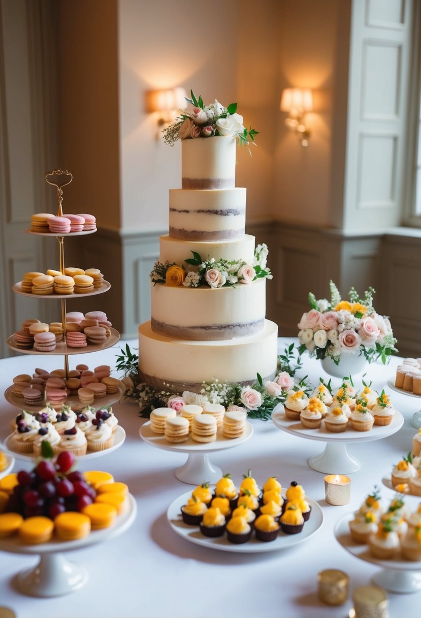 A table adorned with an array of elegant wedding desserts, including tiered cakes, macarons, cupcakes, and fruit tarts, all beautifully arranged with floral accents