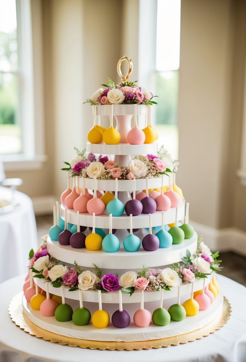 A tiered display of colorful cake pops arranged in a cascading pattern, with delicate floral decorations and elegant ribbon accents